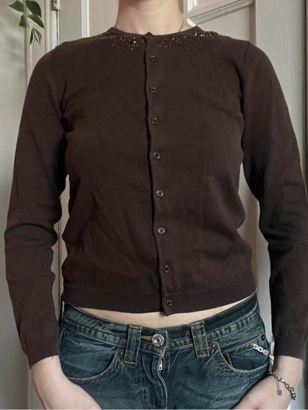 Size Small Brown Cotton Ginny Beaded Cardigan
